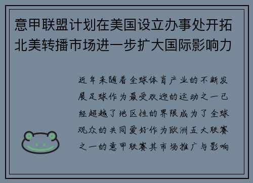 意甲联盟计划在美国设立办事处开拓北美转播市场进一步扩大国际影响力